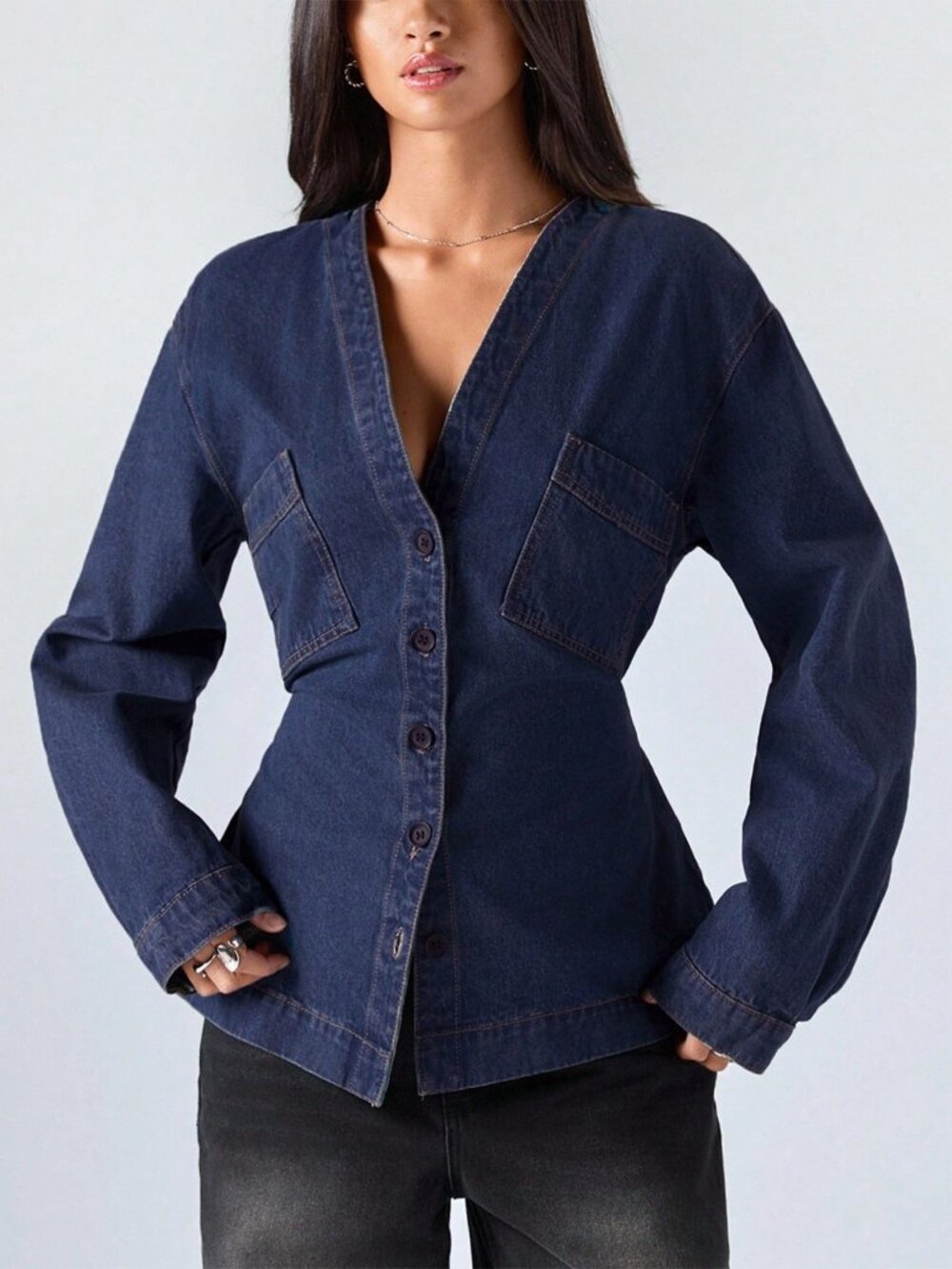 Dark Wash Casual Women's Button Front Waist Cinched Denim Top